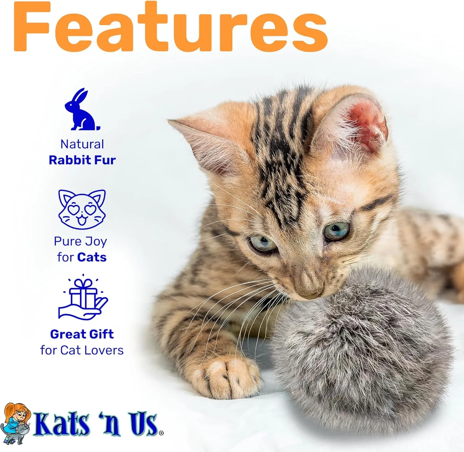 Kats'N Us Interactive Real Rabbit Fur Pom Pom Cat Toys - Set for Cat Entertainment, Training, and Play - 5 Pack