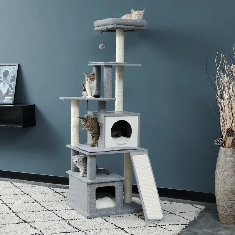 Modern Cat Tree 6 Level Cat Tower with Scratching Posts, 2 Condos, Top Perch Grey