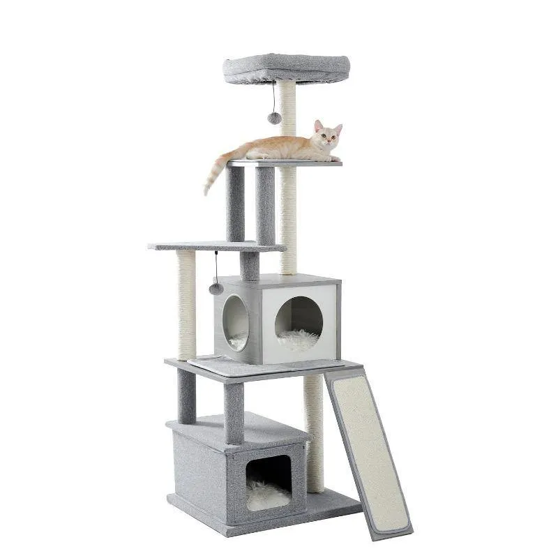 Modern Cat Tree 6 Level Cat Tower with Scratching Posts, 2 Condos, Top Perch Grey