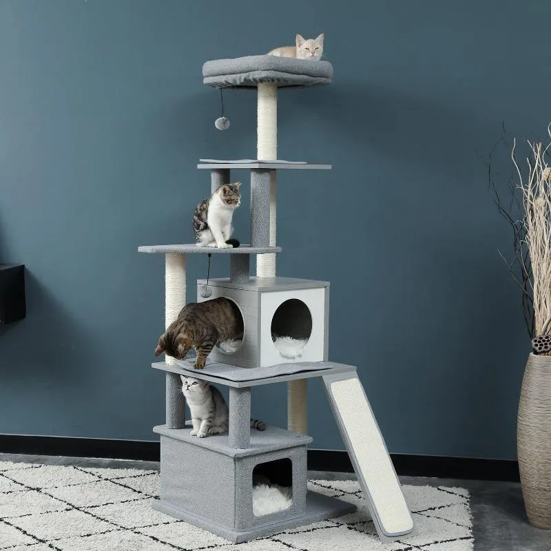Modern Cat Tree 6 Level Cat Tower with Scratching Posts, 2 Condos, Top Perch Grey