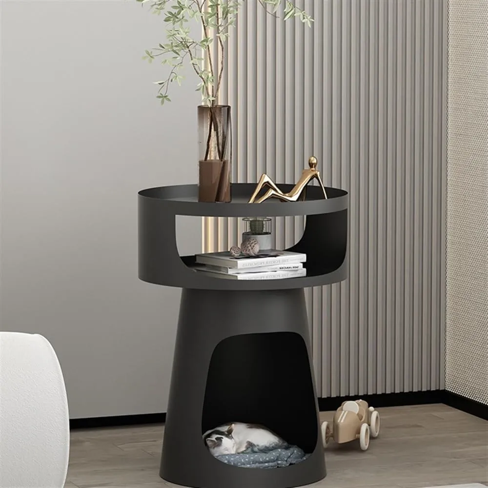 Modern Creative Metal Round Side Table Double-Layer Coffee Table, Balcony Sofa Table, Bedroom Nightstand, Pet Bed for Cats Simple(Black)