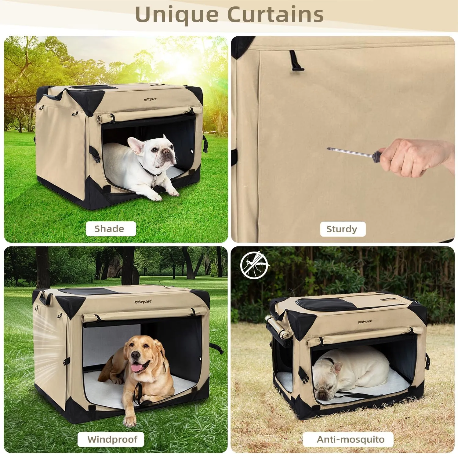 Pettycare 30 Inch Collapsible Dog Crate with Curtains Travel Dog Crate for Airflow and Calm Soft Pet Kennel with Portable Bag and More Chew Proof Mesh Indoor & Outdoor Beige 4 Door Curtains