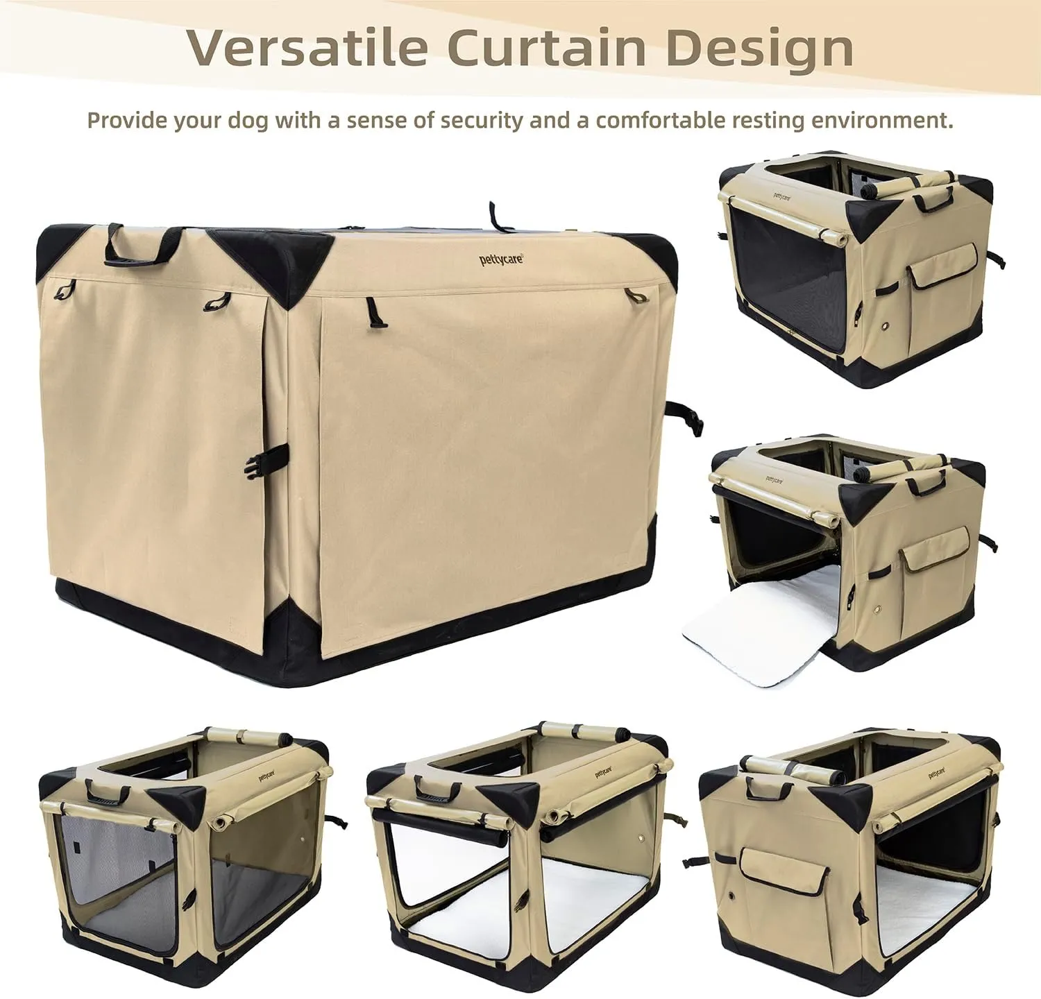 Pettycare 30 Inch Collapsible Dog Crate with Curtains Travel Dog Crate for Airflow and Calm Soft Pet Kennel with Portable Bag and More Chew Proof Mesh Indoor & Outdoor Beige 4 Door Curtains