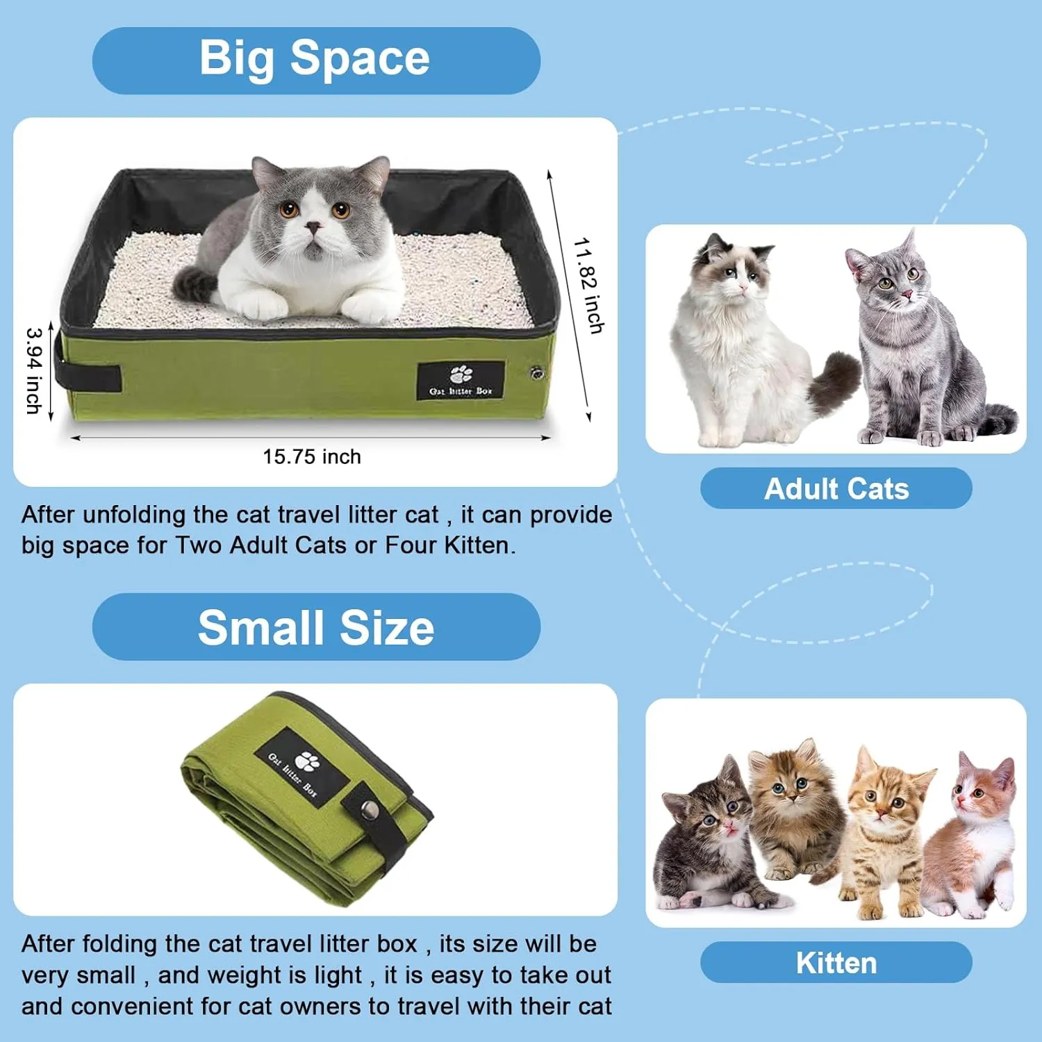 Portable Litter Box for Cats, Folding Cat Travel Litter Box Waterproof, 15.75 * 11.82 * 3.94 Inches, Traveling & Camping Cat Supplies