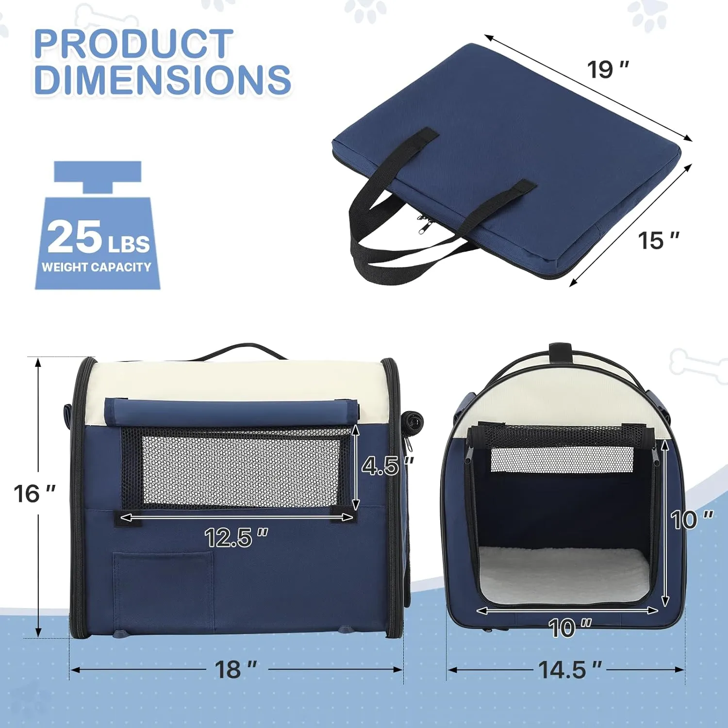 Portable Soft Dog House Collapsible Dog Crate for Camping Travel with Rollable Mesh Windows 1 Door 4 Ground Nails & 1 Carry Bag, 18 * 14 * 16 inch, Navy Blue