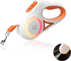 Retractable Dog Leash 16.4 FT with Padded Handle - Dog Leash for Small Dogs with LED Flashlight, 360Tangle-Free Design with One-Handed Brake & Nylon Reflective Tape (Orange)