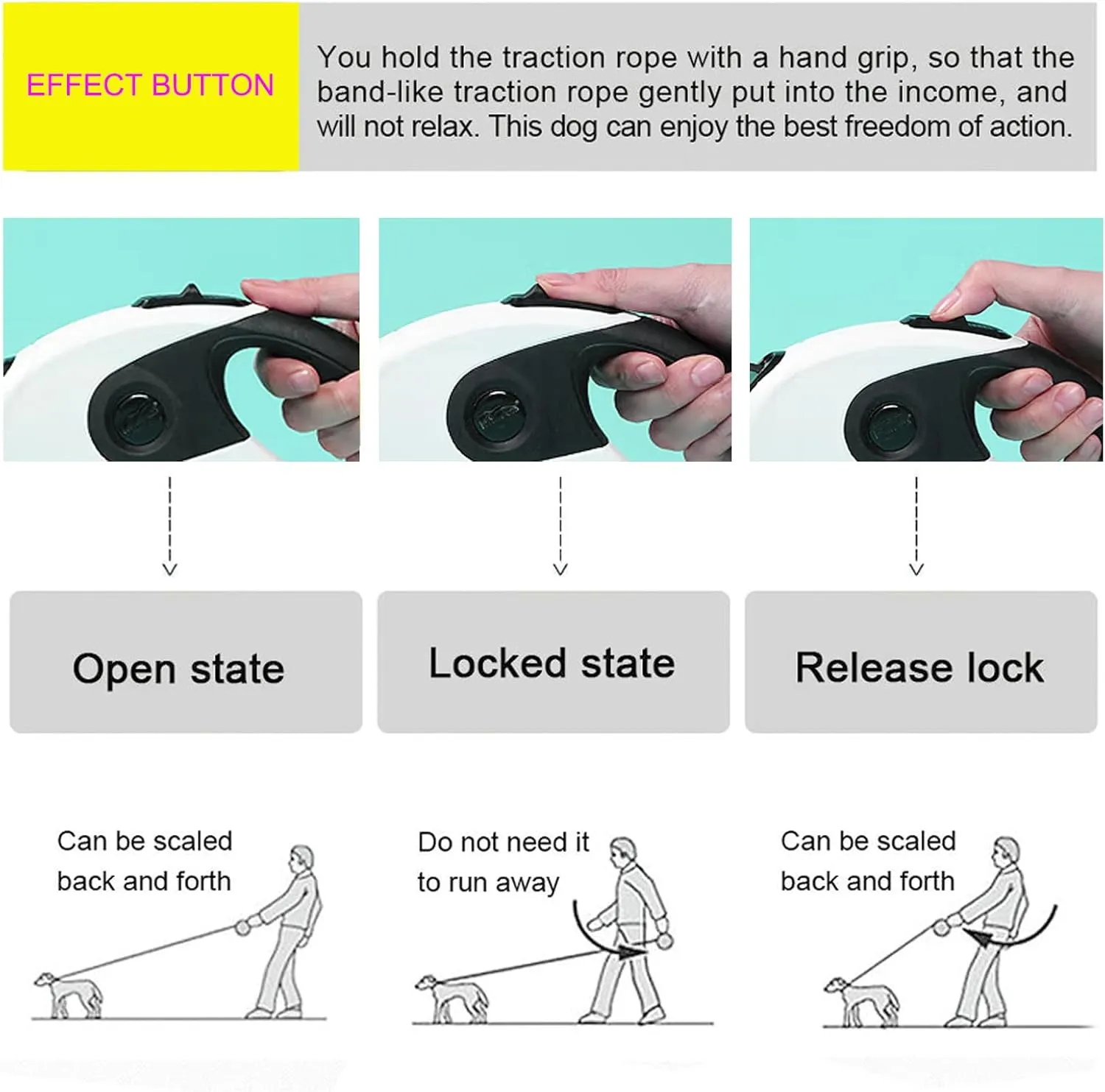 Retractable Dog Leash, 16.4FT Dog Walking Leash for Medium Large Dog Up to 110lbs, One-Handed Brake, Pause, Lock, No Tangle Nylon Tape, Anti-Slip Handle, Pink 5M