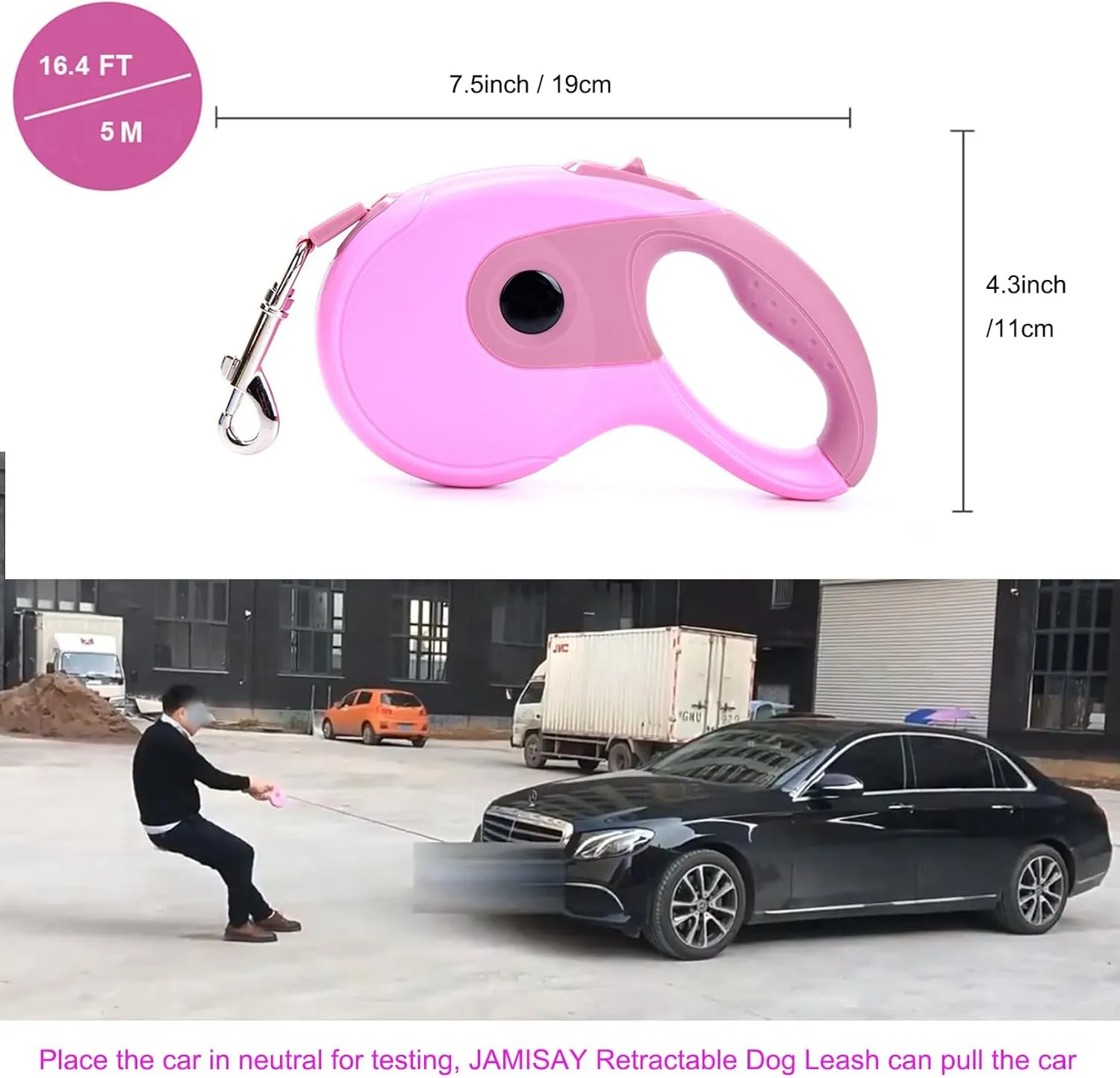 Retractable Dog Leash, 16.4FT Dog Walking Leash for Medium Large Dog Up to 110lbs, One-Handed Brake, Pause, Lock, No Tangle Nylon Tape, Anti-Slip Handle, Pink 5M