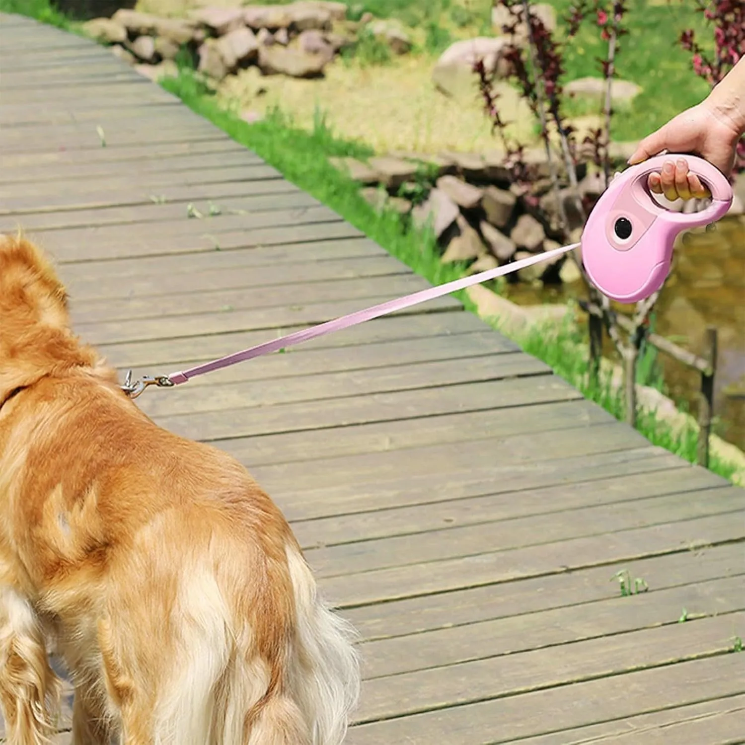 Retractable Dog Leash, 16.4FT Dog Walking Leash for Medium Large Dog Up to 110lbs, One-Handed Brake, Pause, Lock, No Tangle Nylon Tape, Anti-Slip Handle, Pink 5M