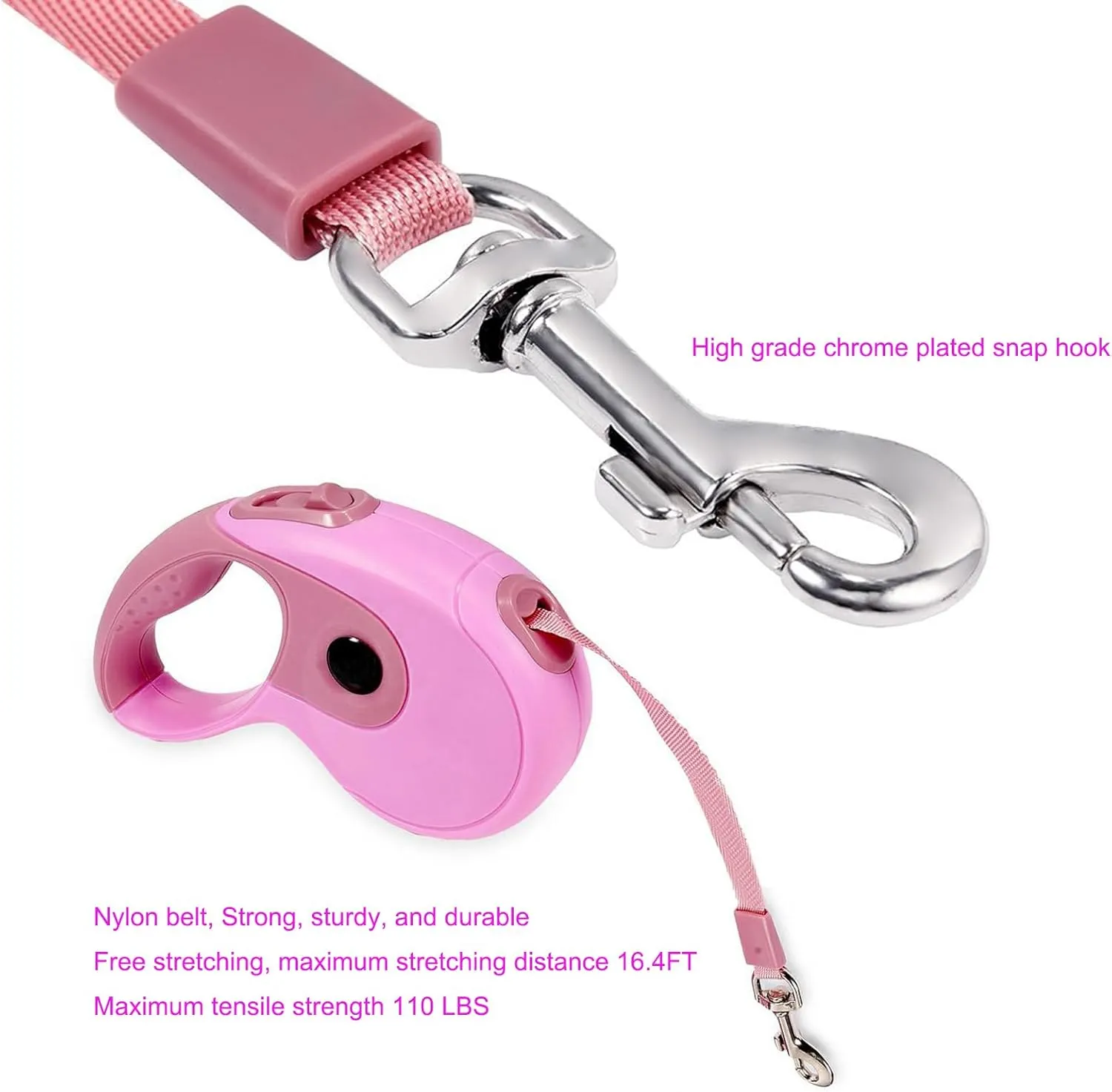 Retractable Dog Leash, 16.4FT Dog Walking Leash for Medium Large Dog Up to 110lbs, One-Handed Brake, Pause, Lock, No Tangle Nylon Tape, Anti-Slip Handle, Pink 5M