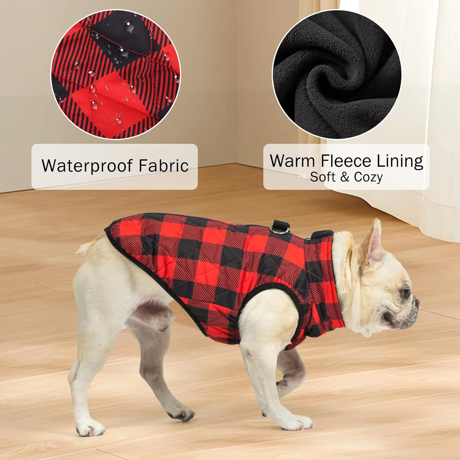 SCENEREAL Warm Puppy Jacket with Built-in Harness for Small/Medium Dogs, Waterproof Winter Coat with Zipper, Fleece Puffer Vest for Cold Weather, Windproof Snow Clothes