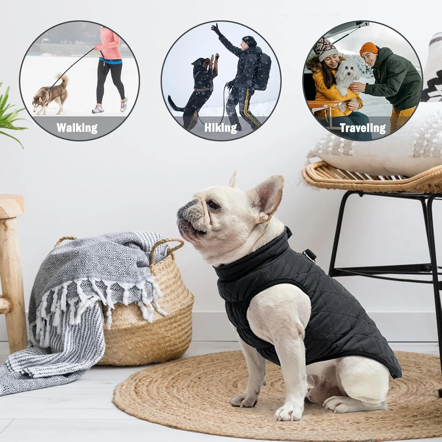 SCENEREAL Winter Dog Vest Coat with Harness Built In, Warm Puppy Jacket for Small Medium Dogs, Cold Weather Coat with Zipper, Fleece Puffer Vest Windproof Snow Clothes