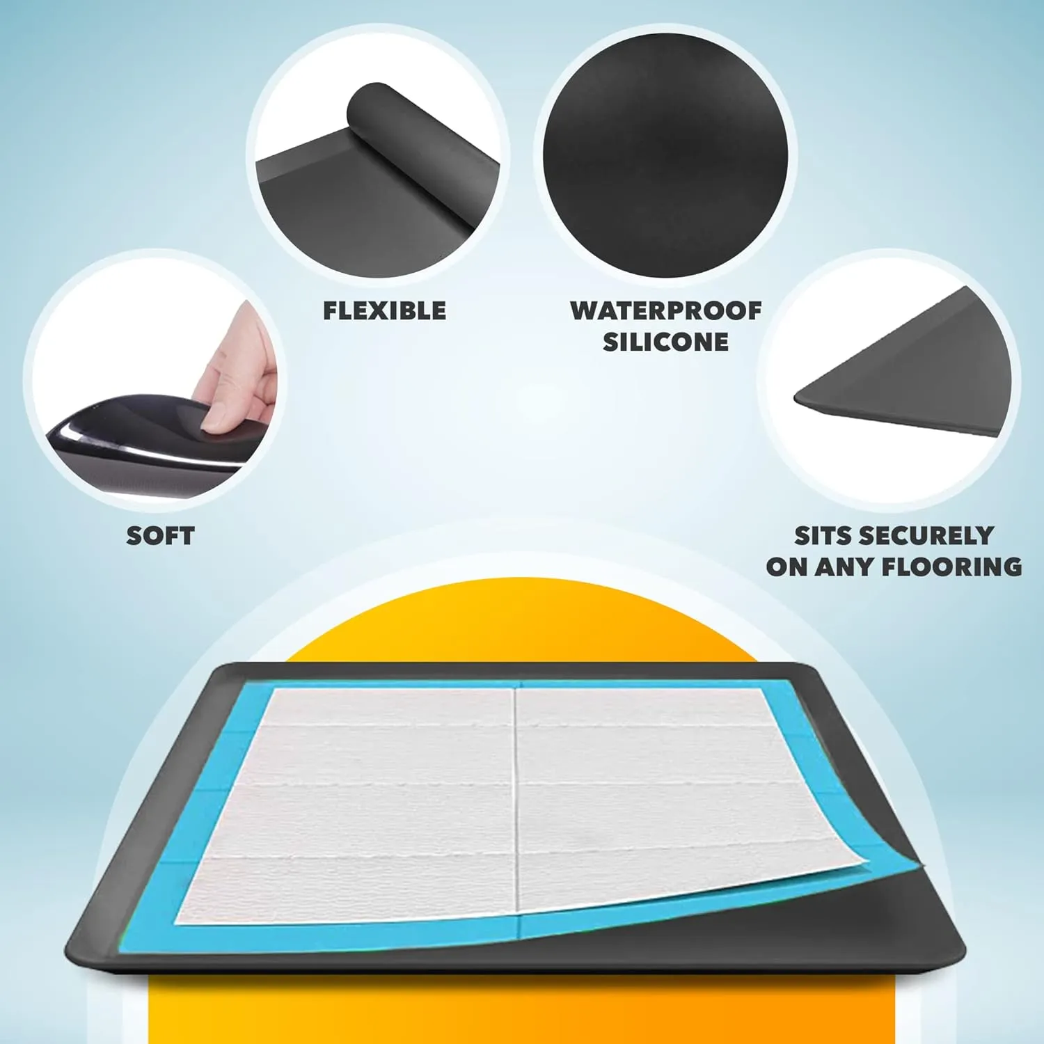 Skywin TidyFriend Silicone Pee Pad Holder Tray, 24 X 24 Inch No-Spill, Leakproof, Easy-to-Clean Pee Pad Holder for Dog (Black)