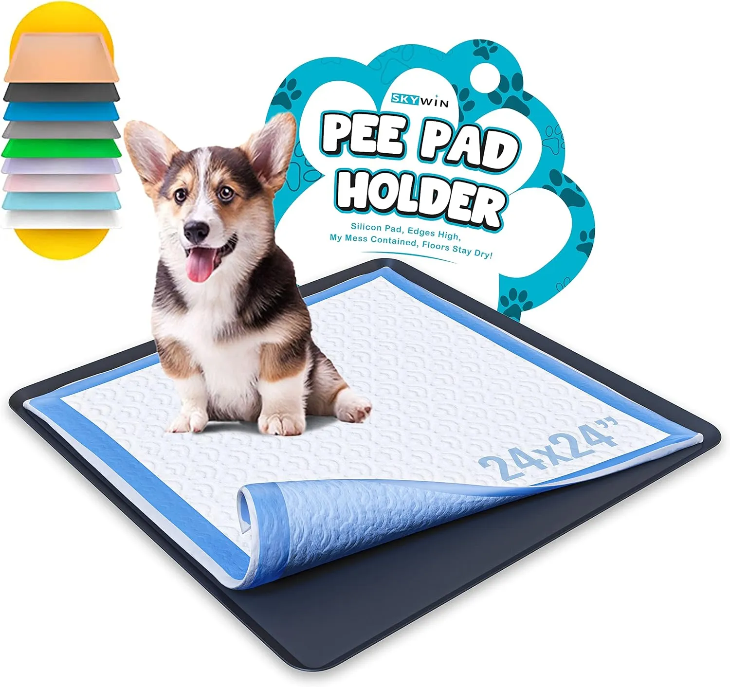 Skywin TidyFriend Silicone Pee Pad Holder Tray, 24 X 24 Inch No-Spill, Leakproof, Easy-to-Clean Pee Pad Holder for Dog (Black)