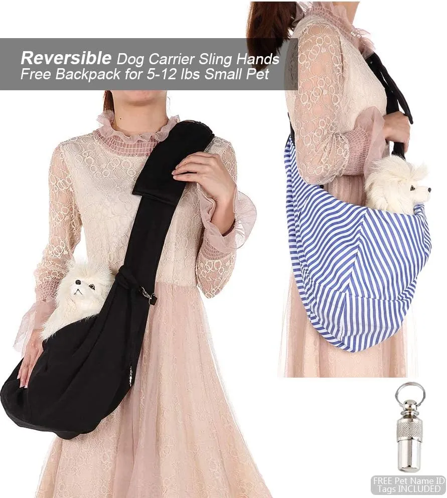 Small Dog & Cat Travel Bag - Hands Free Pet Carrier with Adjustable Strap & Stainless Steel ID Barrel (Black, Up to 12 lbs)