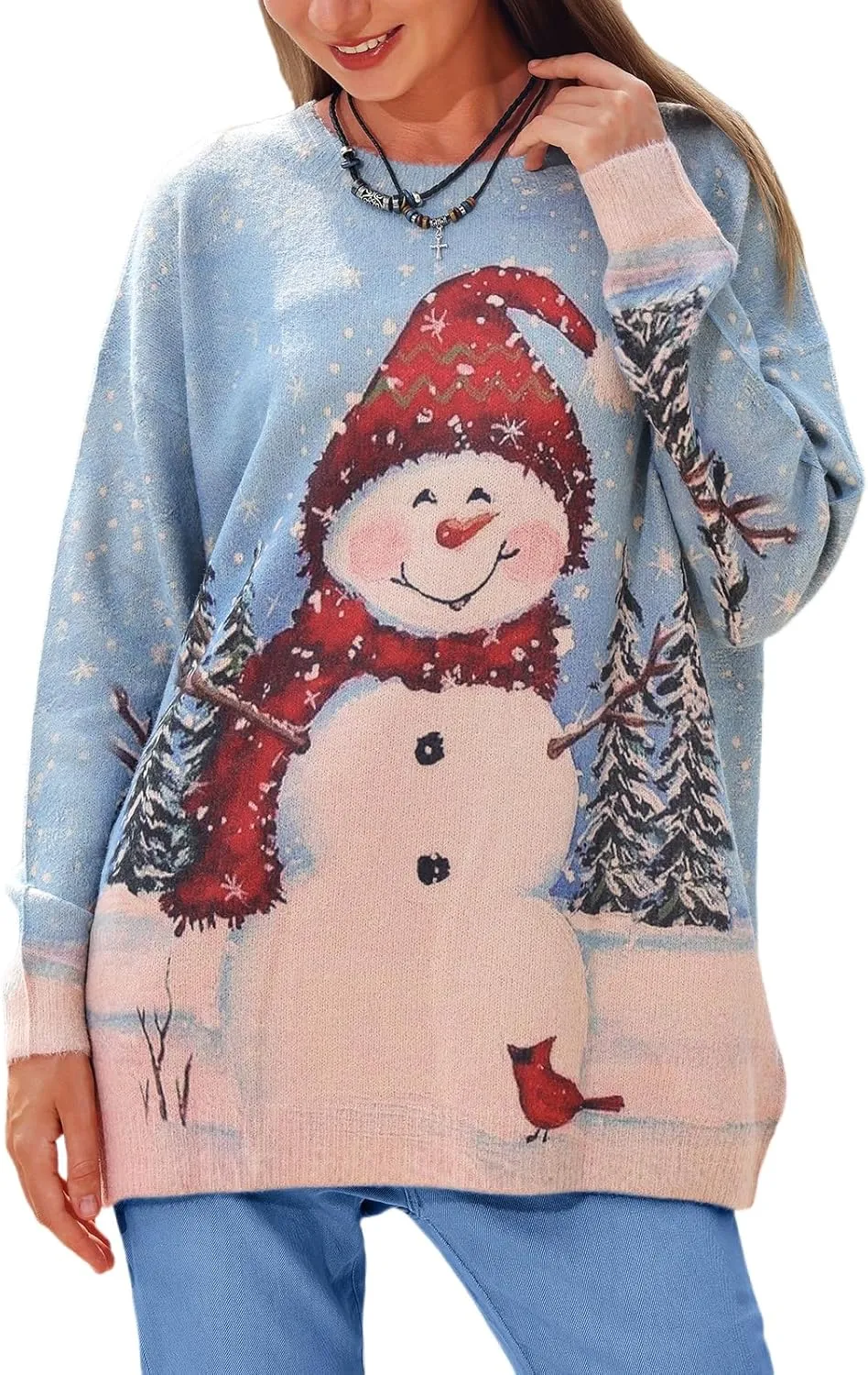 Spring Sweaters for Women 2025 Plus Size Crewneck Lightweigh Pullover Sweaters Graphic Printed Knit Trendy Tops