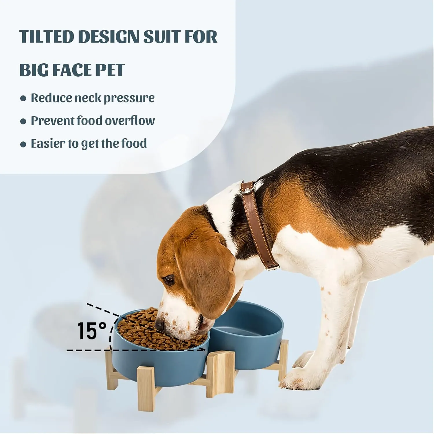 SPUNKYJUNKY 15 Slanted Ceramic Dog and Cat Bowl with Wooden Stand, Tilted Bulldog Food and Water Bowl No Slip Non-Spill for Cats Medium Dogs Big Face Pets 28.7 OZ (3.6 Cups, Blue  2)