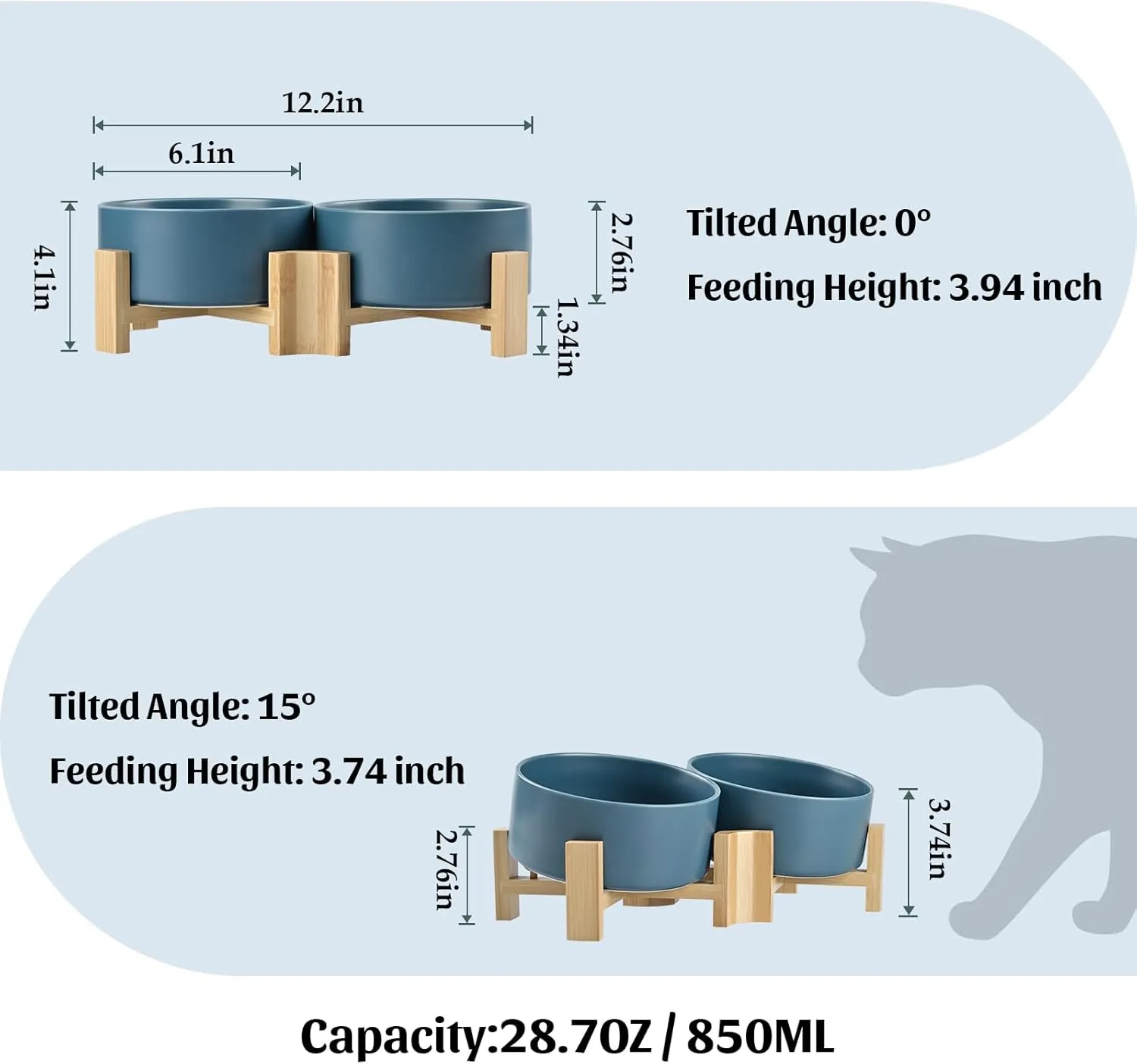SPUNKYJUNKY 15 Slanted Ceramic Dog and Cat Bowl with Wooden Stand, Tilted Bulldog Food and Water Bowl No Slip Non-Spill for Cats Medium Dogs Big Face Pets 28.7 OZ (3.6 Cups, Blue  2)