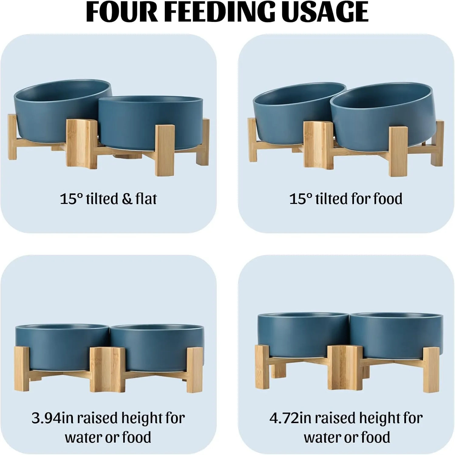 SPUNKYJUNKY 15 Slanted Ceramic Dog and Cat Bowl with Wooden Stand, Tilted Bulldog Food and Water Bowl No Slip Non-Spill for Cats Medium Dogs Big Face Pets 28.7 OZ (3.6 Cups, Blue  2)