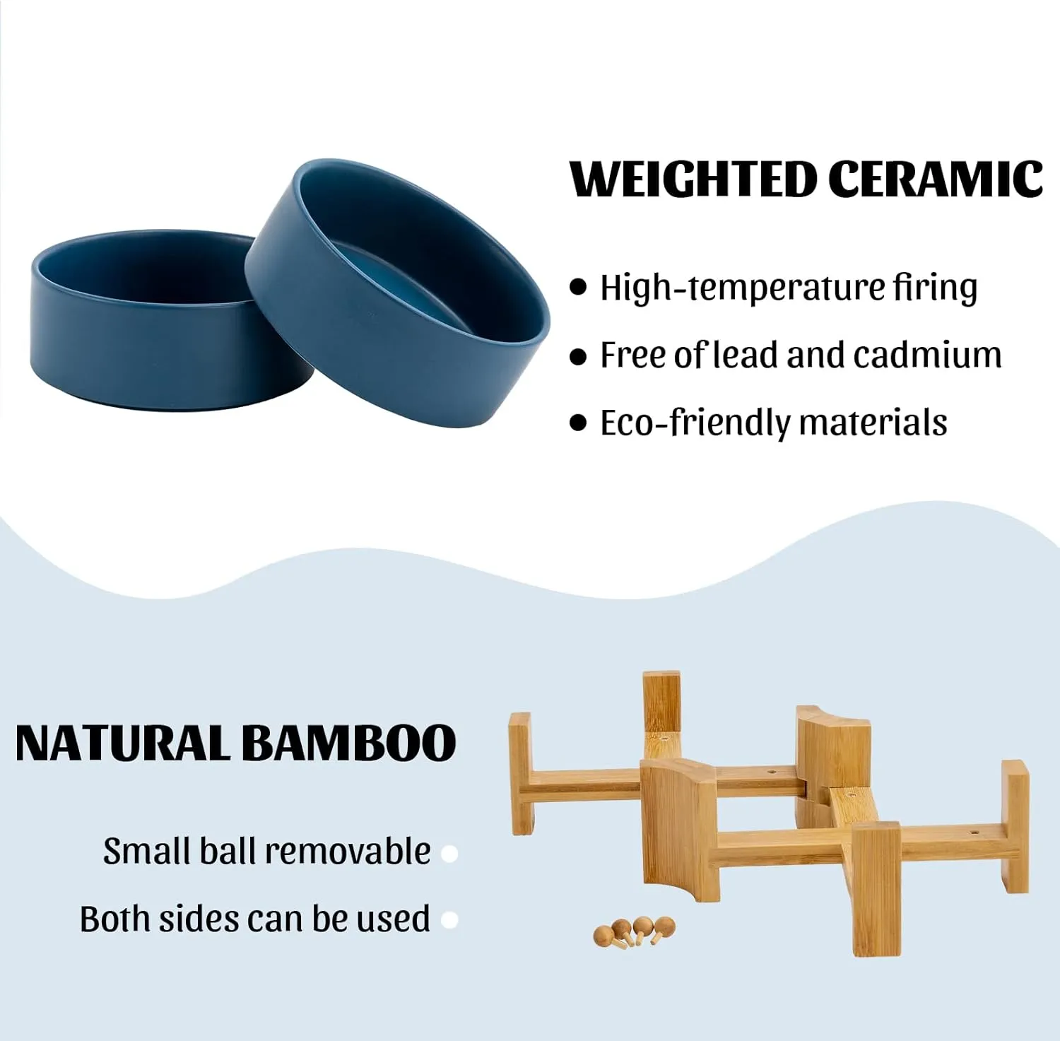 SPUNKYJUNKY 15 Slanted Ceramic Dog and Cat Bowl with Wooden Stand, Tilted Bulldog Food and Water Bowl No Slip Non-Spill for Cats Medium Dogs Big Face Pets 28.7 OZ (3.6 Cups, Blue  2)