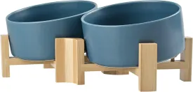 SPUNKYJUNKY 15 Slanted Ceramic Dog and Cat Bowl with Wooden Stand, Tilted Bulldog Food and Water Bowl No Slip Non-Spill for Cats Medium Dogs Big Face Pets 28.7 OZ (3.6 Cups, Blue  2)