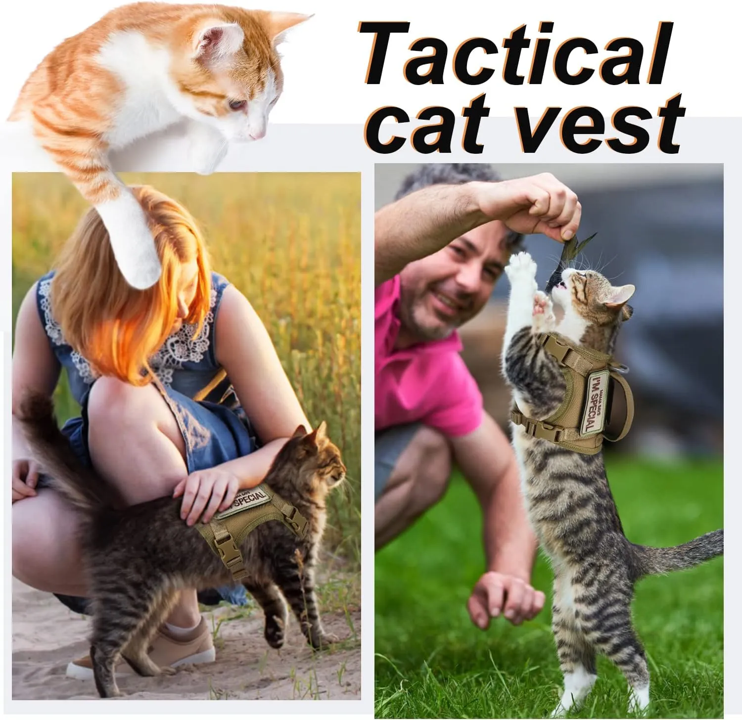 Tactical Cat Harness for Walking Escape Proof, Soft Mesh Adjustable Pet Vest Harness for Large Cat,Small Dog (Medium, Khaki)