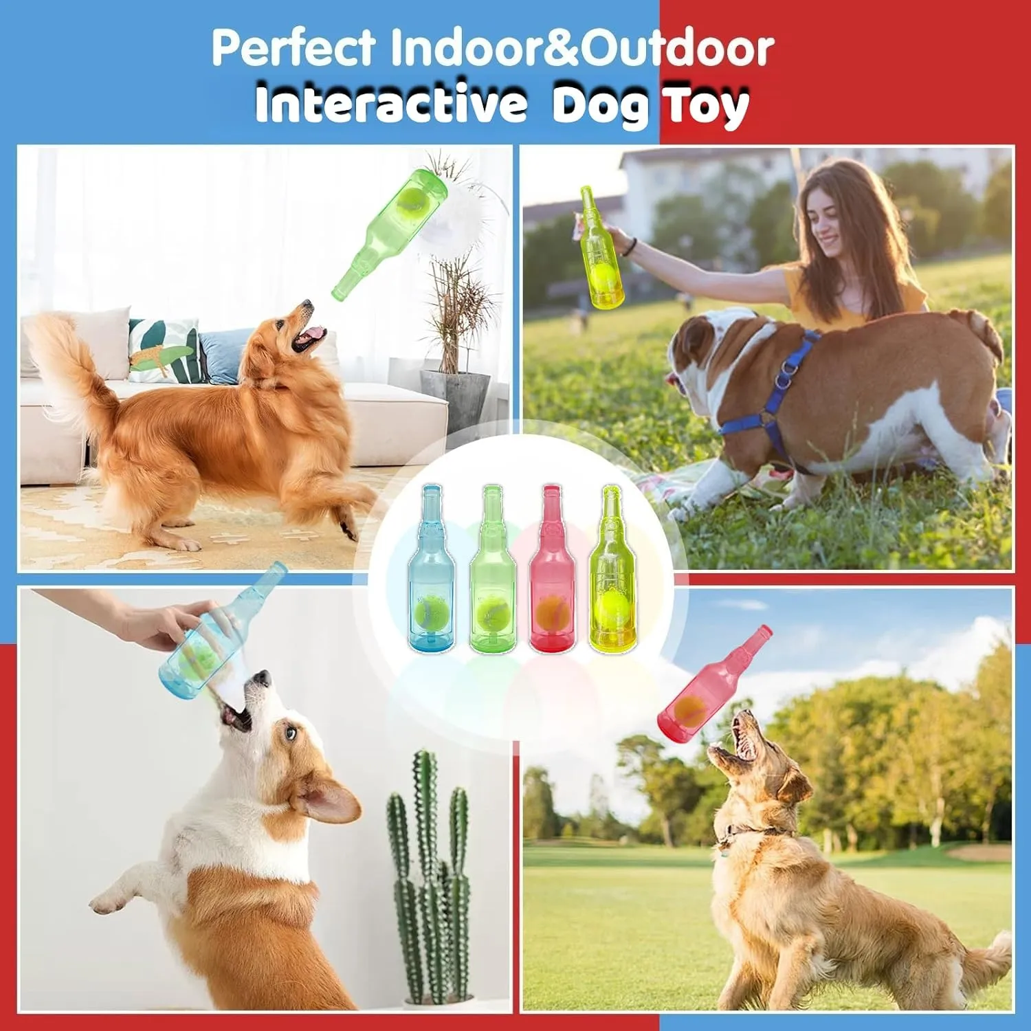 Tennis Ball in Bottle Dog Toy [2025 New Upgrade] Reinforced and Thickened Rubber Bottle Dog Chew Toy with Ball Squeaky Fetch Toy Tough (Green, Medium)
