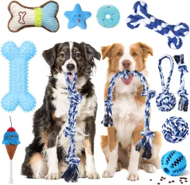 Vinsot 12 Pack Large Dog Chew Toys for Aggressive Chewers Blue Teething Toys with Dental Rope Squeaky Balls and Chew Bone for Medium Large X-Large Breeds Dogs (Pentacle)