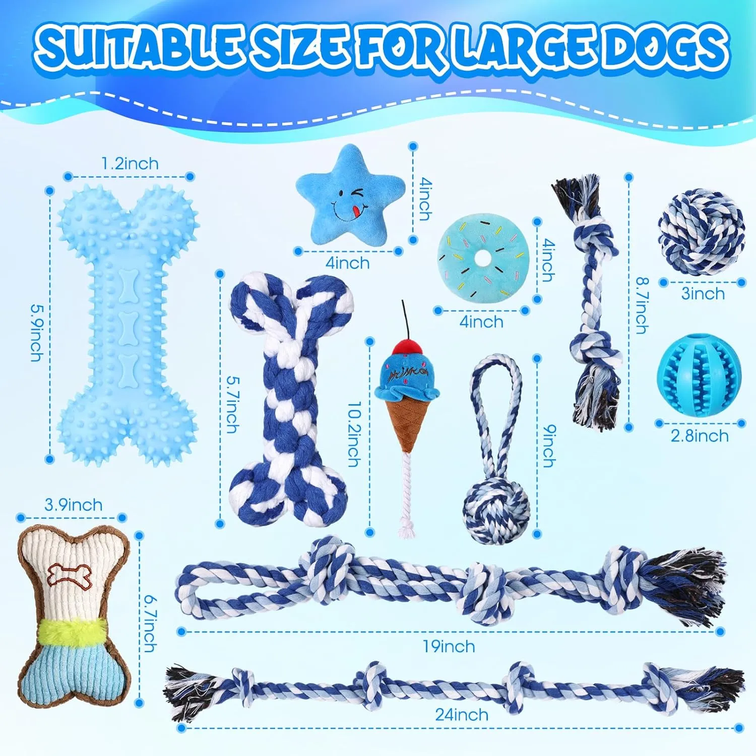 Vinsot 12 Pack Large Dog Chew Toys for Aggressive Chewers Blue Teething Toys with Dental Rope Squeaky Balls and Chew Bone for Medium Large X-Large Breeds Dogs (Pentacle)