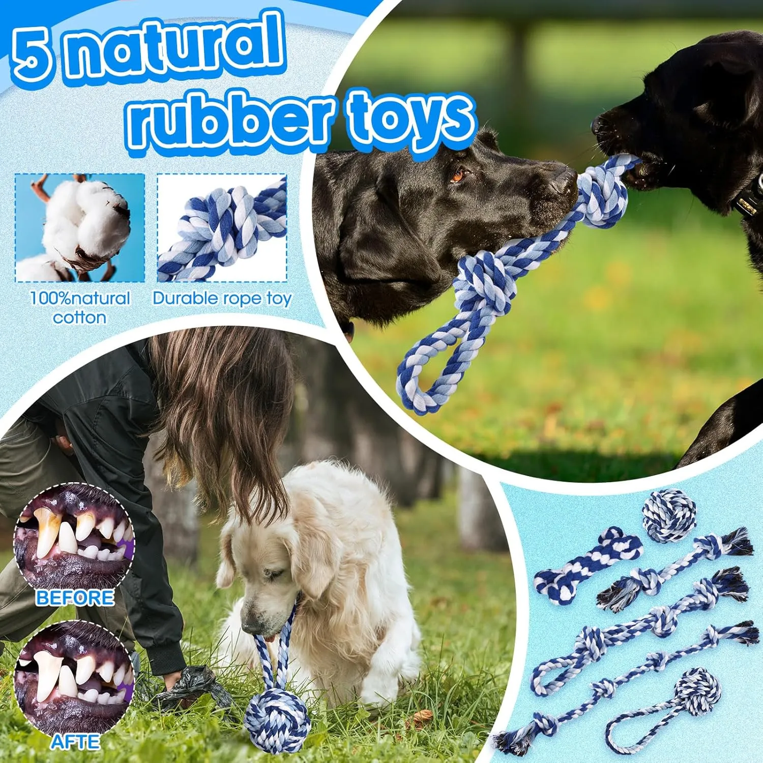 Vinsot 12 Pack Large Dog Chew Toys for Aggressive Chewers Blue Teething Toys with Dental Rope Squeaky Balls and Chew Bone for Medium Large X-Large Breeds Dogs (Pentacle)