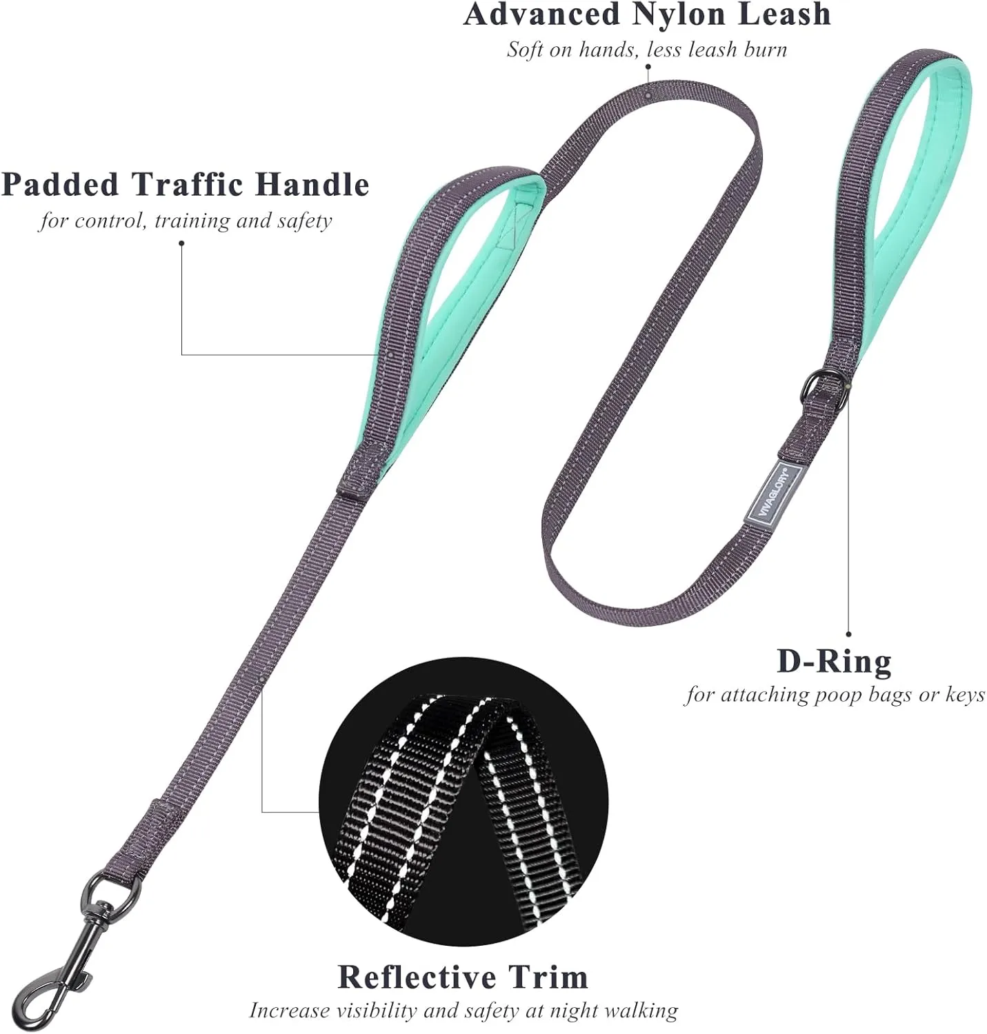 VIVAGLORY Traffic Handle Dog Leash, Two Padded Soft Handles Dog Leash, Strong Reflective & Metal Hook Training Pet Lead, Grey