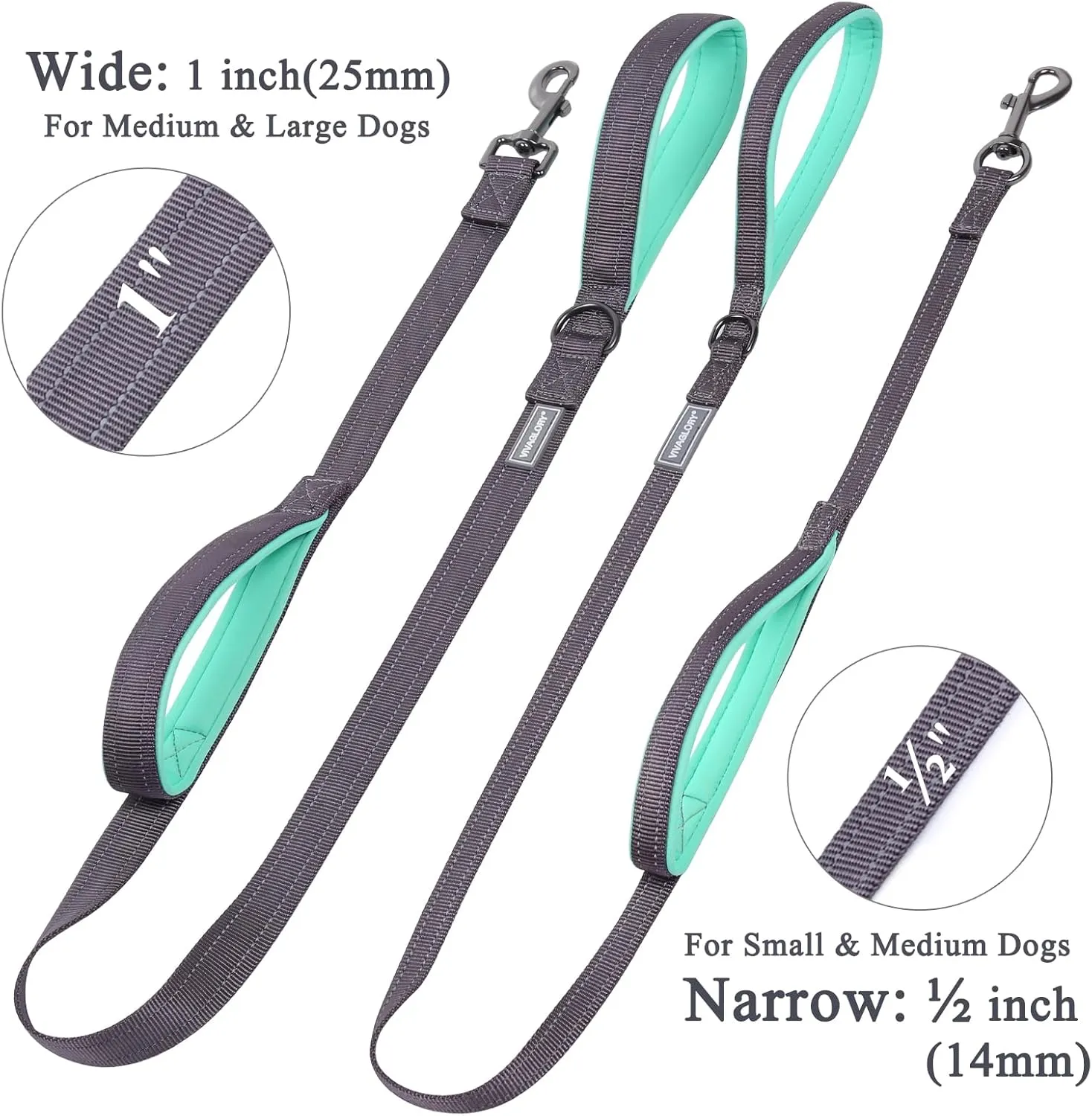 VIVAGLORY Traffic Handle Dog Leash, Two Padded Soft Handles Dog Leash, Strong Reflective & Metal Hook Training Pet Lead, Grey