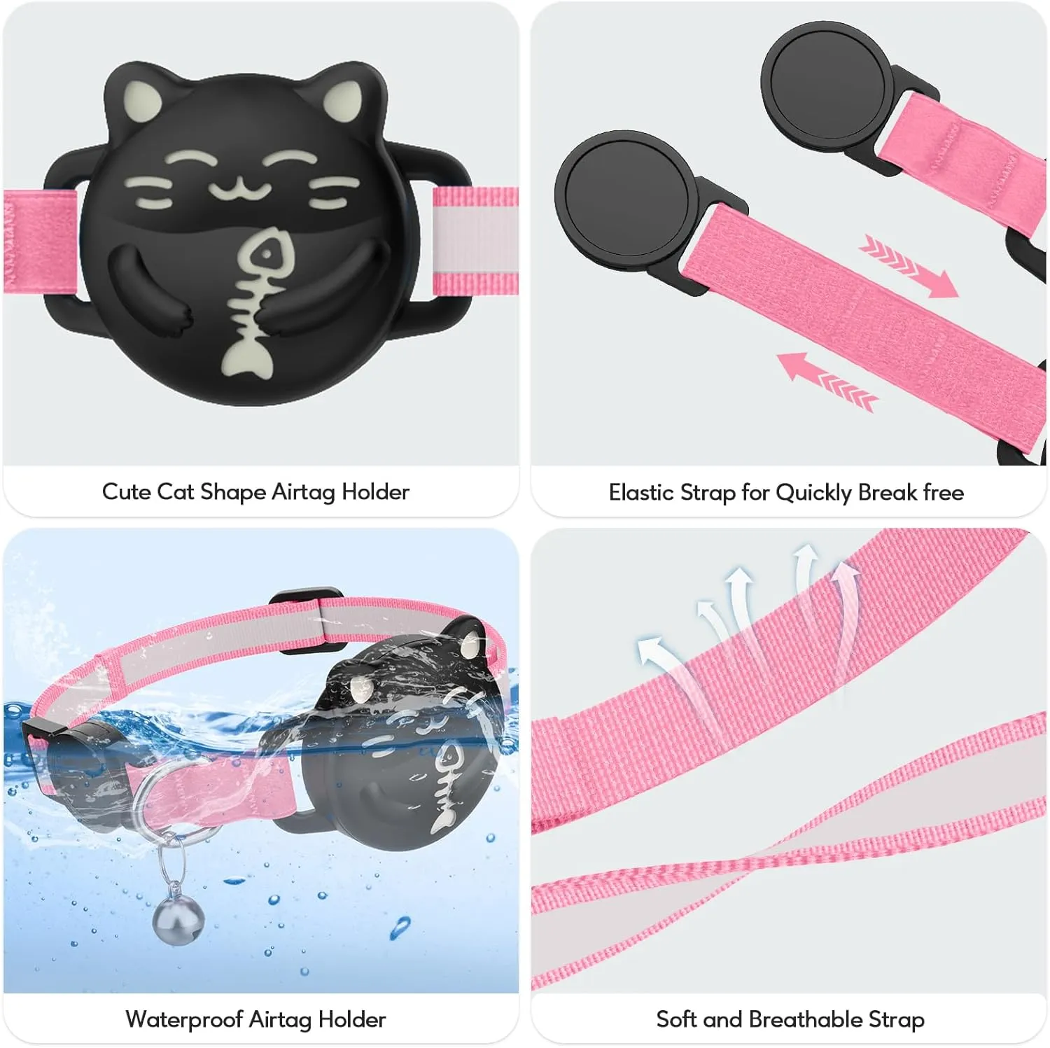 Waterproof Airtag Cat Collar, Breakaway Cat Collars with Luminous & Reflective Strap for Apple Air tag, Kitten Safety Elastic Band, Lightweight Hidden GPS Tracker Holder(Pink, 9"-14")