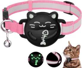 Waterproof Airtag Cat Collar, Breakaway Cat Collars with Luminous & Reflective Strap for Apple Air tag, Kitten Safety Elastic Band, Lightweight Hidden GPS Tracker Holder(Pink, 9"-14")