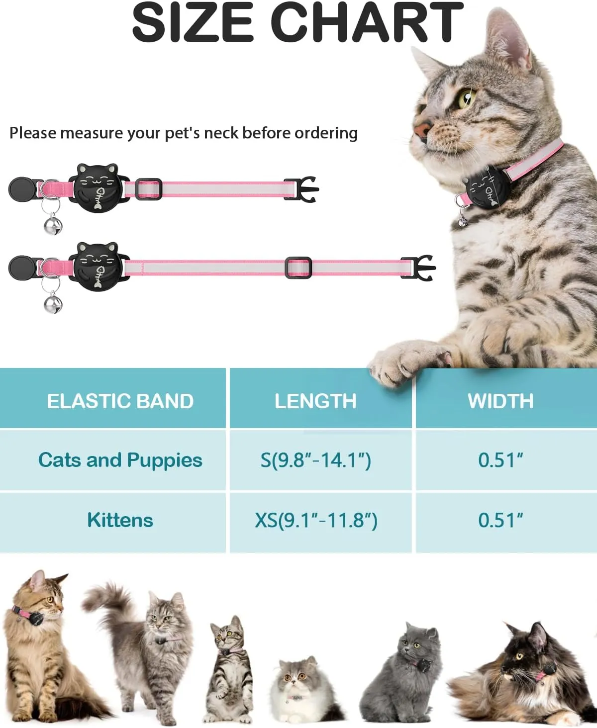 Waterproof Airtag Cat Collar, Breakaway Cat Collars with Luminous & Reflective Strap for Apple Air tag, Kitten Safety Elastic Band, Lightweight Hidden GPS Tracker Holder(Pink, 9"-14")