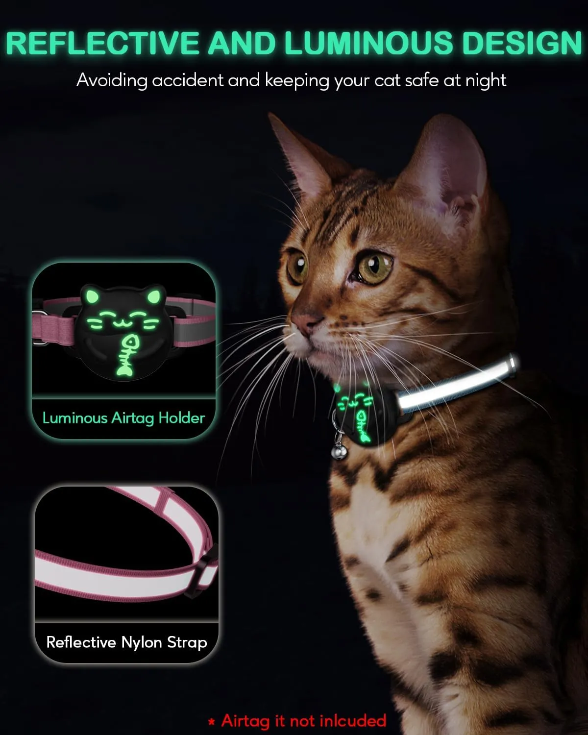 Waterproof Airtag Cat Collar, Breakaway Cat Collars with Luminous & Reflective Strap for Apple Air tag, Kitten Safety Elastic Band, Lightweight Hidden GPS Tracker Holder(Pink, 9"-14")
