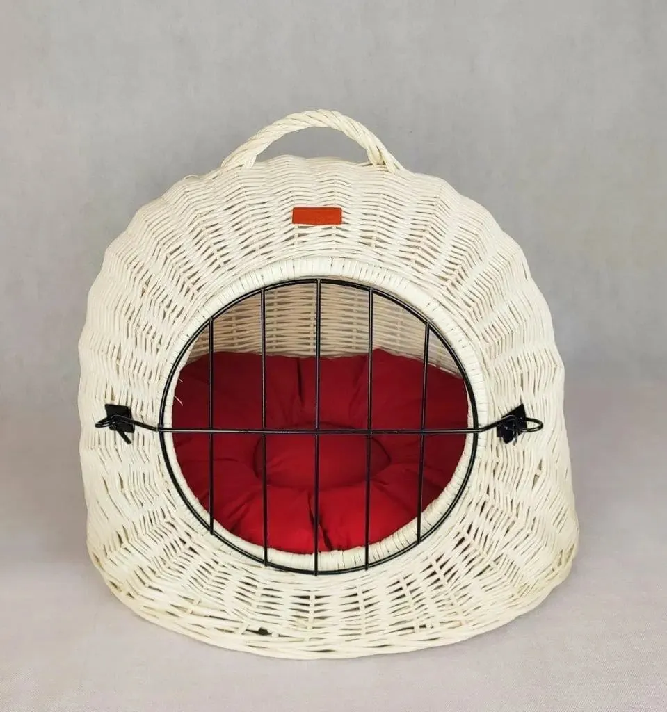 White wicker cat carrier