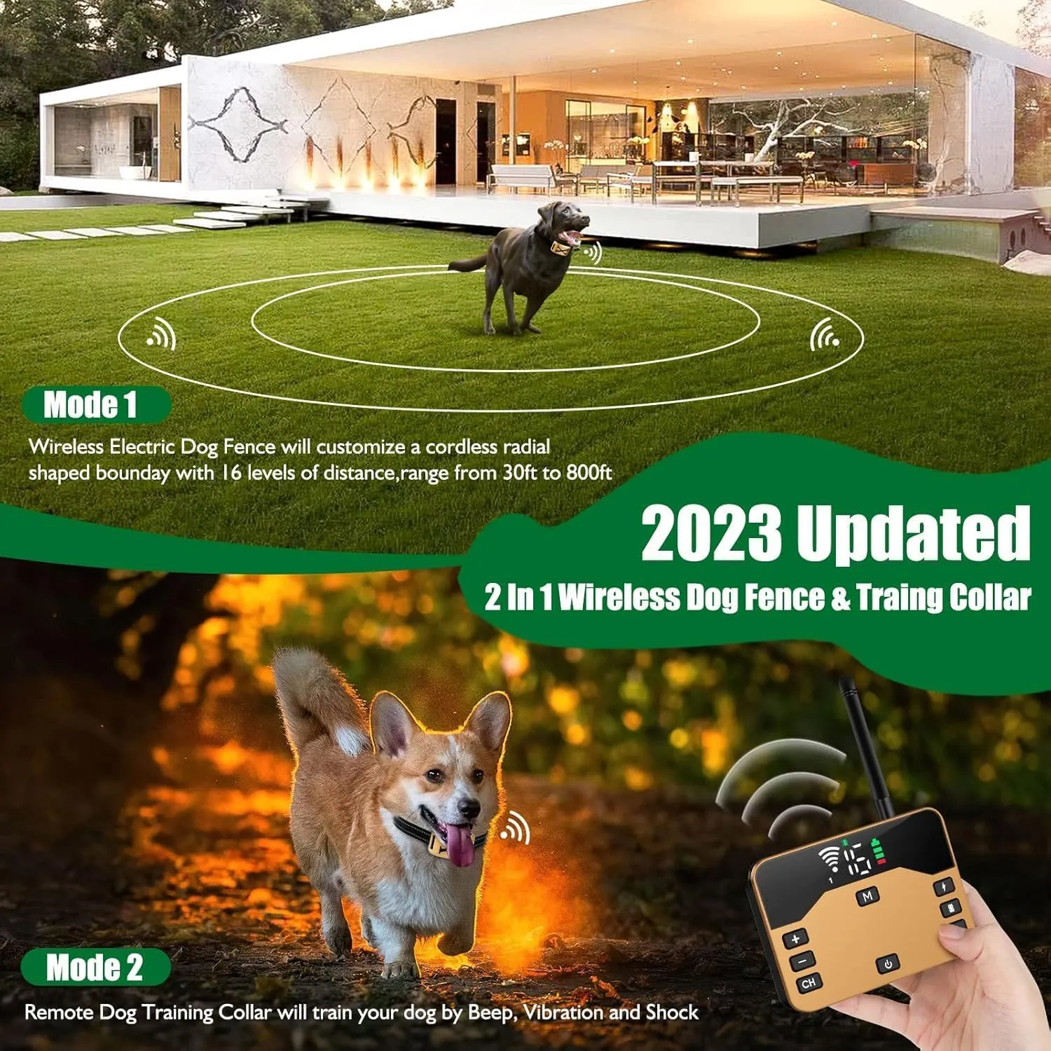 Wireless Dog FenceElectric Dog Fence Wireless System & Training Collar,2-in-1 Wireless Safe Dog Boundary,Adjustable Pet Containment Fence System,Rechargeable Collar for Dogs. (for 1 Dog)