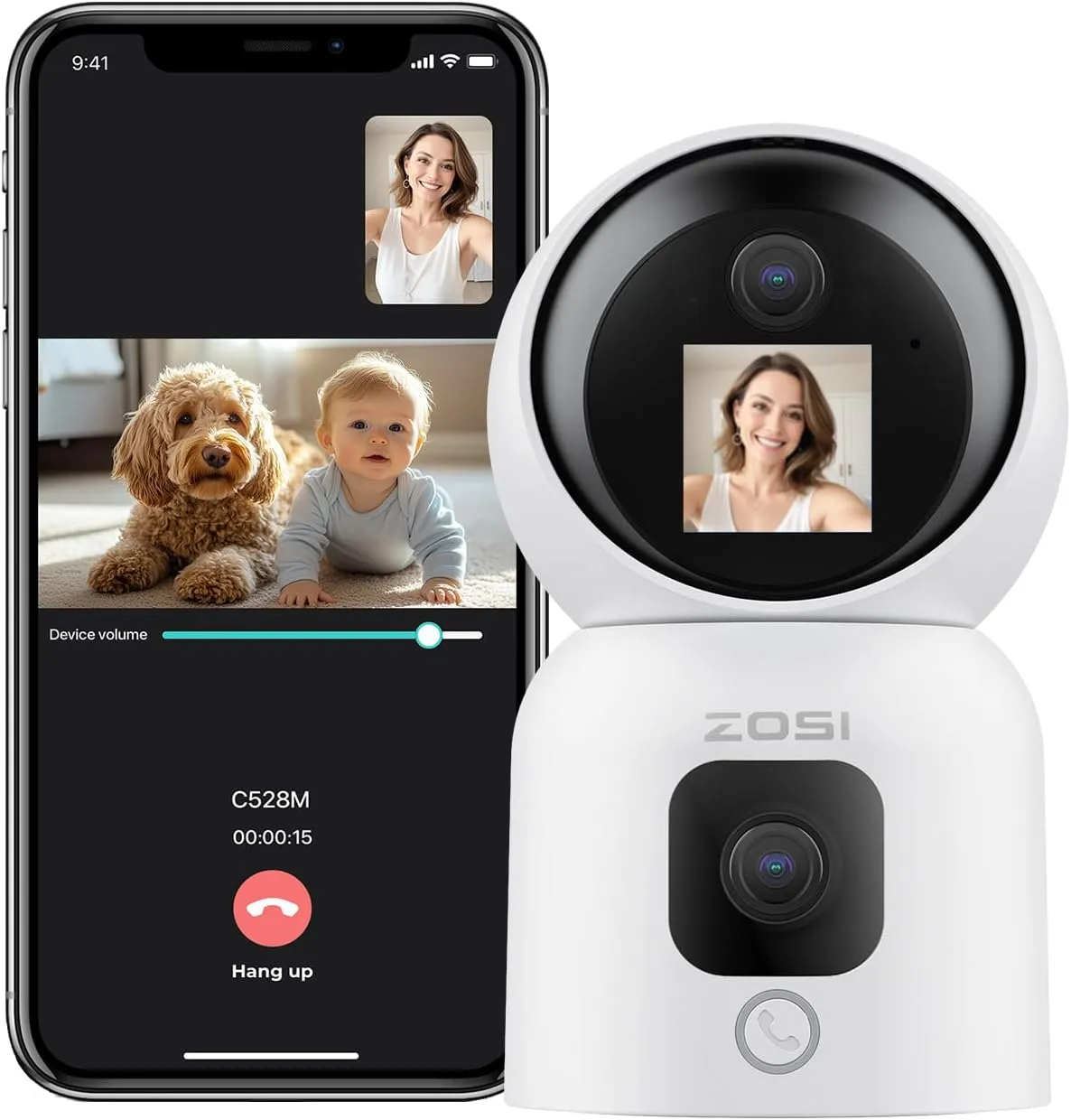 ZOSI 2K Dual-Lens Indoor Camera, Two-Way Video, Gesture/One-Touch Calling, Human Tracking, C528M 360 View Pan/Tilt Home Plug-in Security Camera, Baby/Pet Dog Monitor, 2.4G/5G Dual-Band WiFi