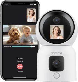 ZOSI 2K Dual-Lens Indoor Camera, Two-Way Video, Gesture/One-Touch Calling, Human Tracking, C528M 360 View Pan/Tilt Home Plug-in Security Camera, Baby/Pet Dog Monitor, 2.4G/5G Dual-Band WiFi